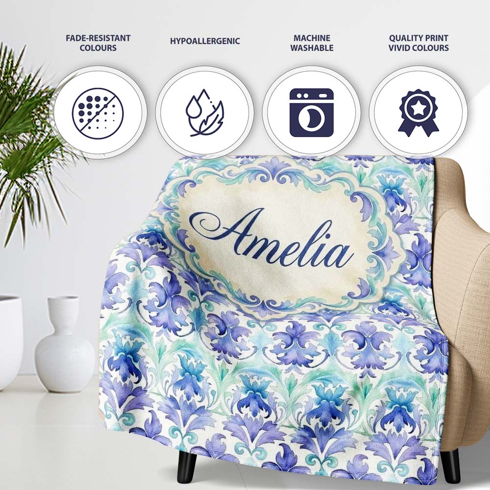 Purple Blue Floral Scroll Vintage Seamless Pattern Name Cute Unique Personalised Custom Name Super Soft Fleece Blanket Bed Sofa Throw