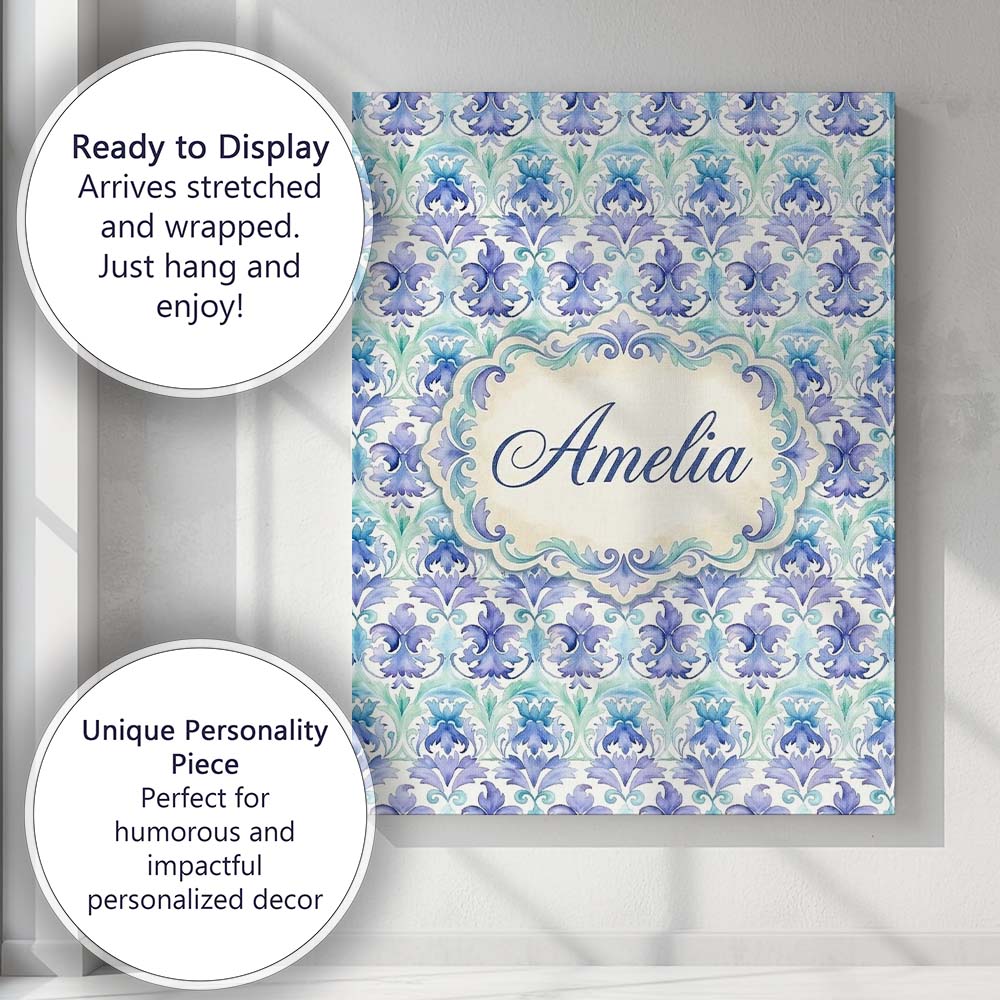 Personalised Name Purple Blue Floral Scroll Custom Bespoke Interior Contemporary Canvas Wall Art Print Decor Picture Ready to Hang
