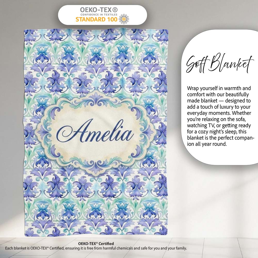 Purple Blue Floral Scroll Vintage Seamless Pattern Name Cute Unique Personalised Custom Name Super Soft Fleece Blanket Bed Sofa Throw