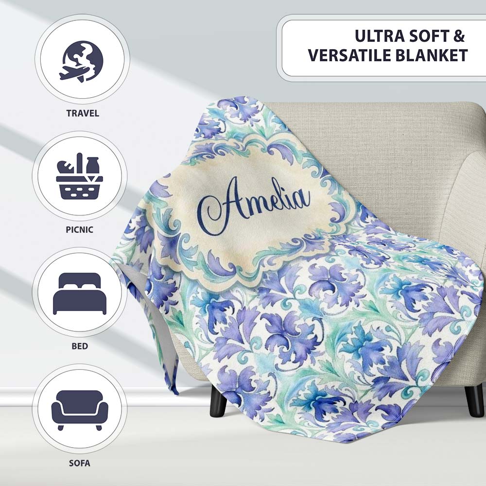 Purple Blue Floral Scroll Vintage Seamless Pattern Name Cute Unique Personalised Custom Name Super Soft Fleece Blanket Bed Sofa Throw