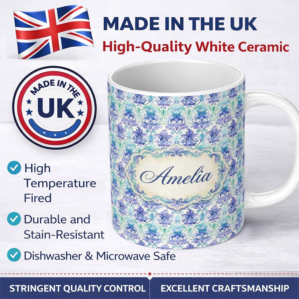 Personalized Custom Name Purple Blue Floral Scroll Vintage Seamless Pattern Name Cute Unique 11oz Ceramic Coffee Tea Mug White Large Handle