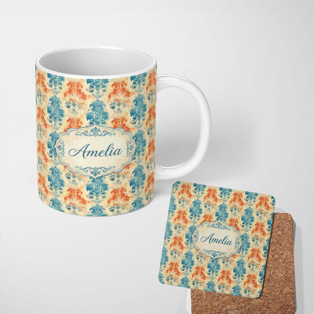 Personalized Custom Name Distressed Blue Red Grunge Damask Seamless Pattern Name Cute Unique 11oz Ceramic Coffee Tea Mug White Large Handle