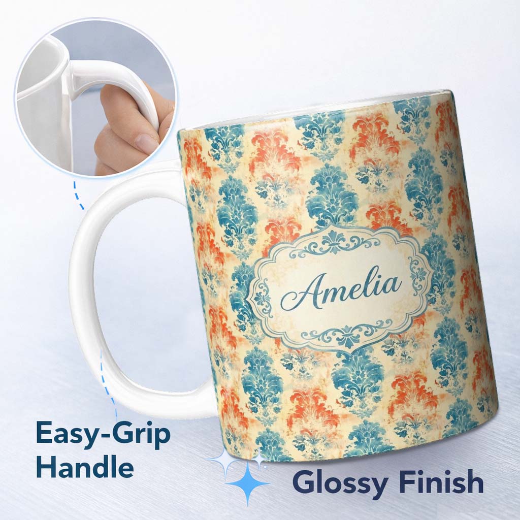 Personalized Custom Name Distressed Blue Red Grunge Damask Seamless Pattern Name Cute Unique 11oz Ceramic Coffee Tea Mug White Large Handle