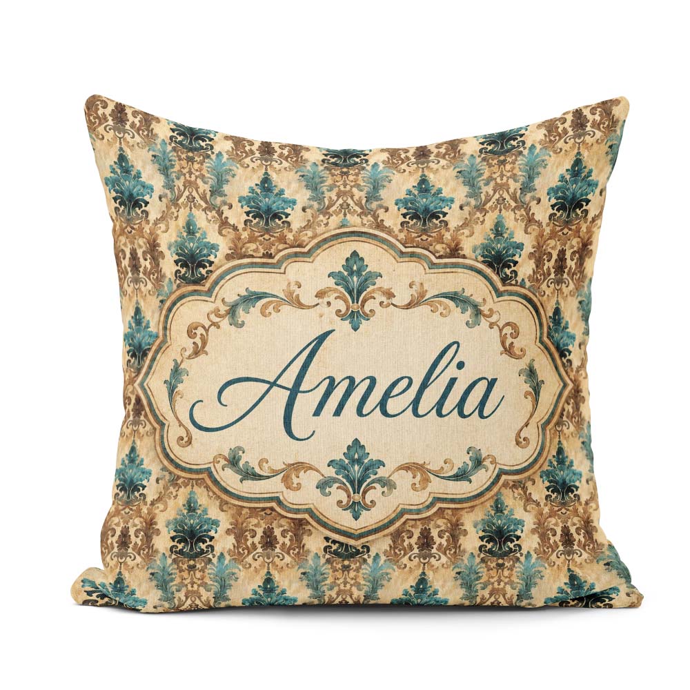 Custom Name Antique Brown Teal Baroque Damask Seamless Name Cute Square Filled Cushion Throw Pillow Sofa Bed Home Decor Zip Washable UK Made