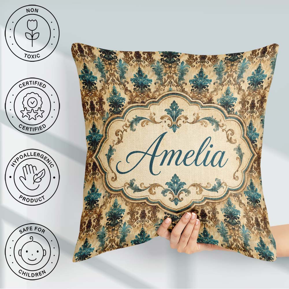 Custom Name Antique Brown Teal Baroque Damask Seamless Name Cute Square Filled Cushion Throw Pillow Sofa Bed Home Decor Zip Washable UK Made