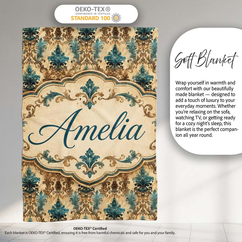 Antique Brown Teal Baroque Damask Classic Seamless Pattern Name Cute Personalised Custom Name Super Soft Fleece Blanket Bed Sofa Throw