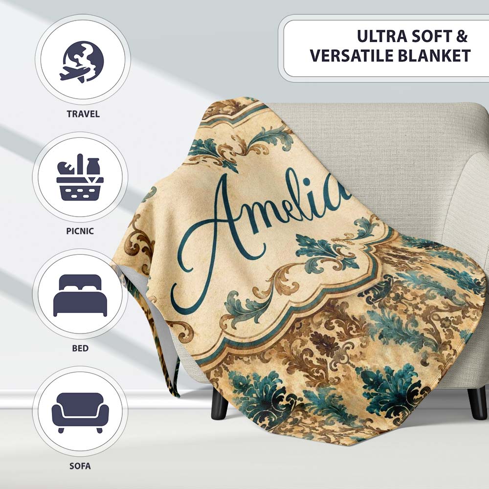 Antique Brown Teal Baroque Damask Classic Seamless Pattern Name Cute Personalised Custom Name Super Soft Fleece Blanket Bed Sofa Throw