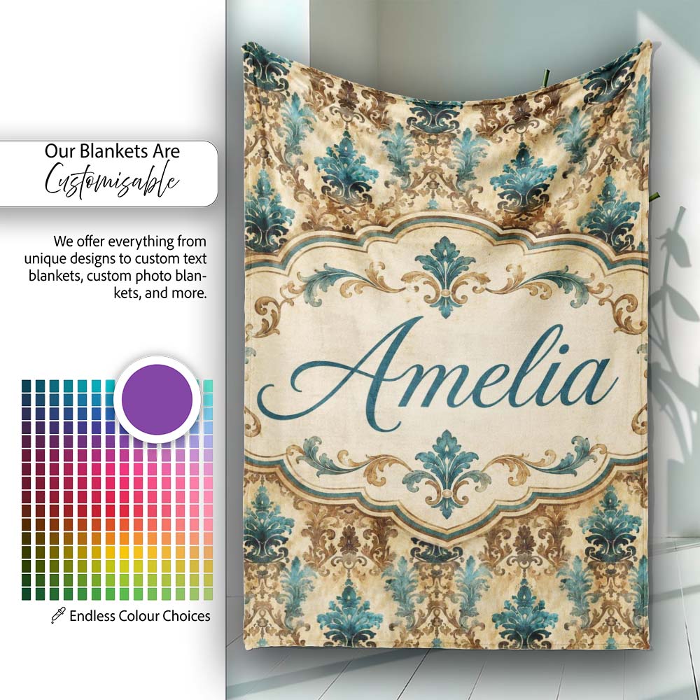 Antique Brown Teal Baroque Damask Classic Seamless Pattern Name Cute Personalised Custom Name Super Soft Fleece Blanket Bed Sofa Throw