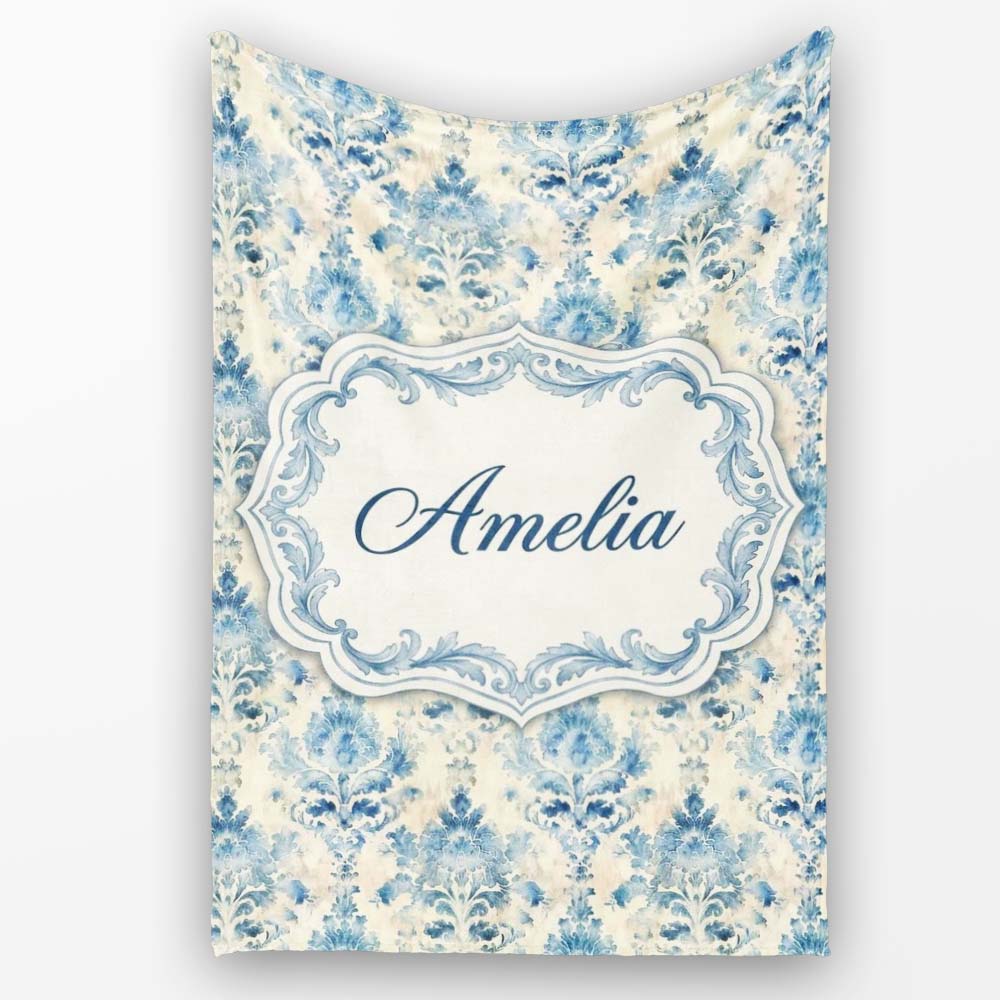 Classic Blue Watercolor Damask Ornamental Seamless Pattern Name Cute Personalised Custom Name Super Soft Fleece Blanket Bed Sofa Throw