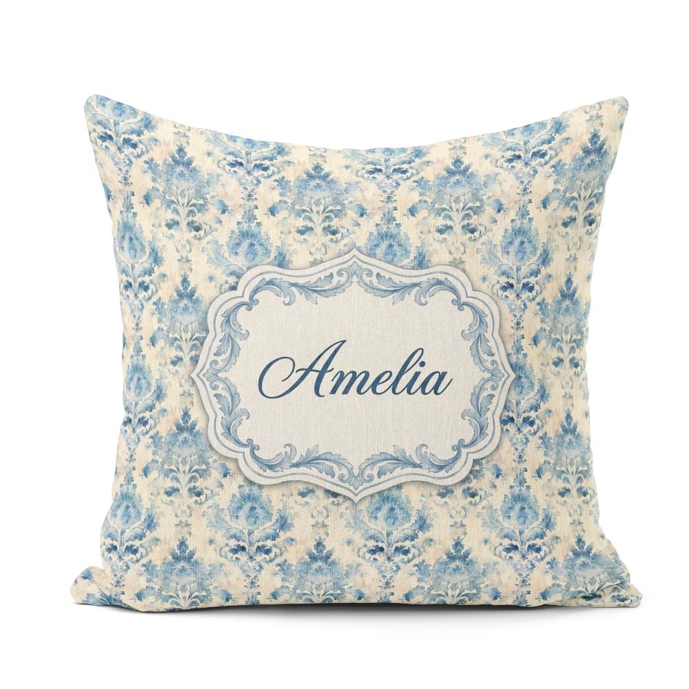 Custom Name Classic Blue Watercolor Damask Seamless Pattern Name Square Filled Cushion Throw Pillow Sofa Bed Home Decor Zip Washable UK Made
