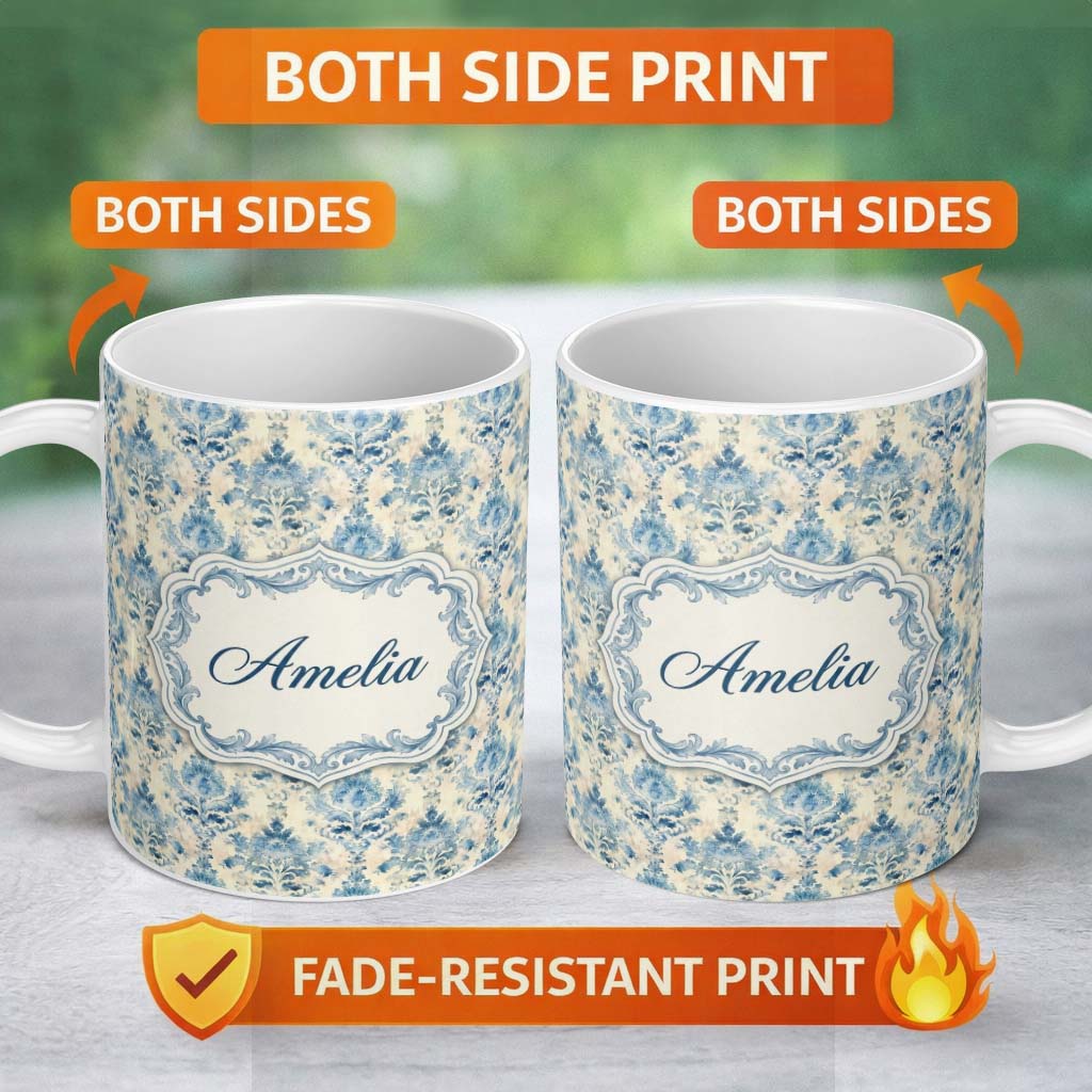 Personalized Custom Name Classic Blue Watercolor Damask Ornamental Seamless Pattern Name Cute 11oz Ceramic Coffee Tea Mug White Large Handle