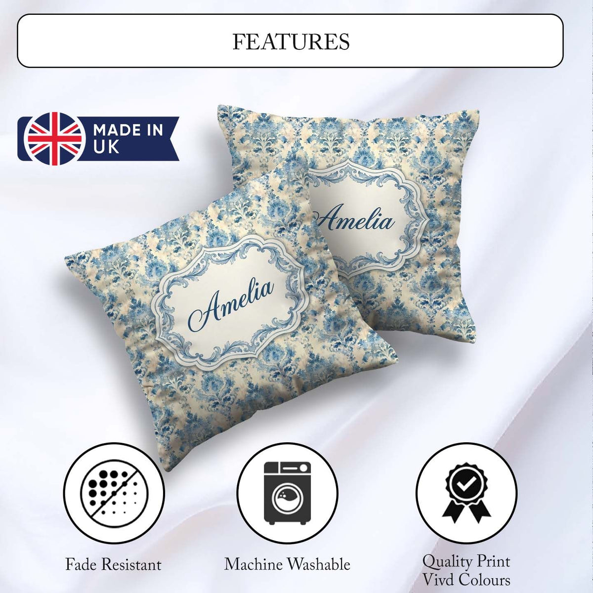 Custom Name Classic Blue Watercolor Damask Seamless Pattern Name Square Filled Cushion Throw Pillow Sofa Bed Home Decor Zip Washable UK Made