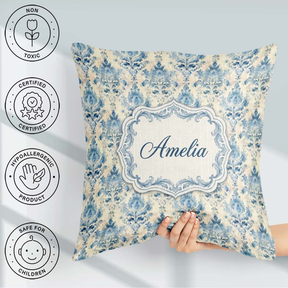 Custom Name Classic Blue Watercolor Damask Seamless Pattern Name Square Filled Cushion Throw Pillow Sofa Bed Home Decor Zip Washable UK Made