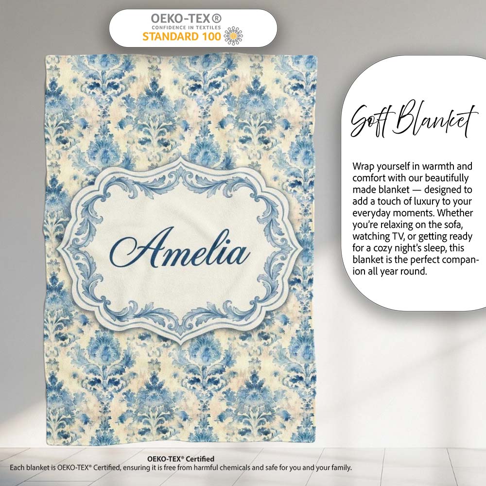 Classic Blue Watercolor Damask Ornamental Seamless Pattern Name Cute Personalised Custom Name Super Soft Fleece Blanket Bed Sofa Throw