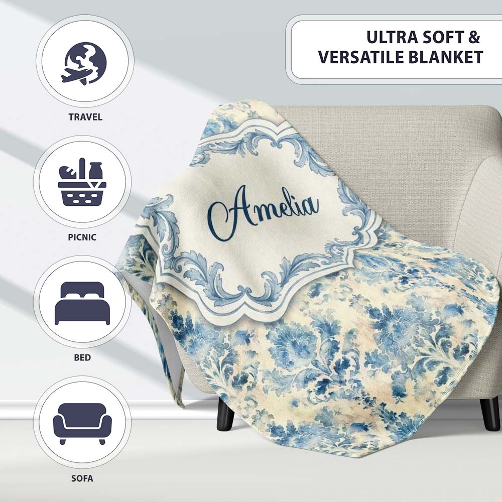 Classic Blue Watercolor Damask Ornamental Seamless Pattern Name Cute Personalised Custom Name Super Soft Fleece Blanket Bed Sofa Throw
