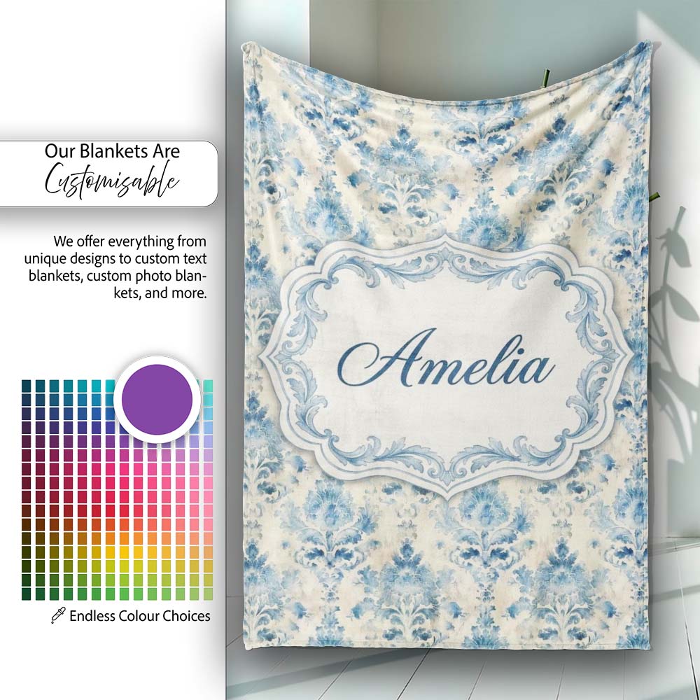 Classic Blue Watercolor Damask Ornamental Seamless Pattern Name Cute Personalised Custom Name Super Soft Fleece Blanket Bed Sofa Throw