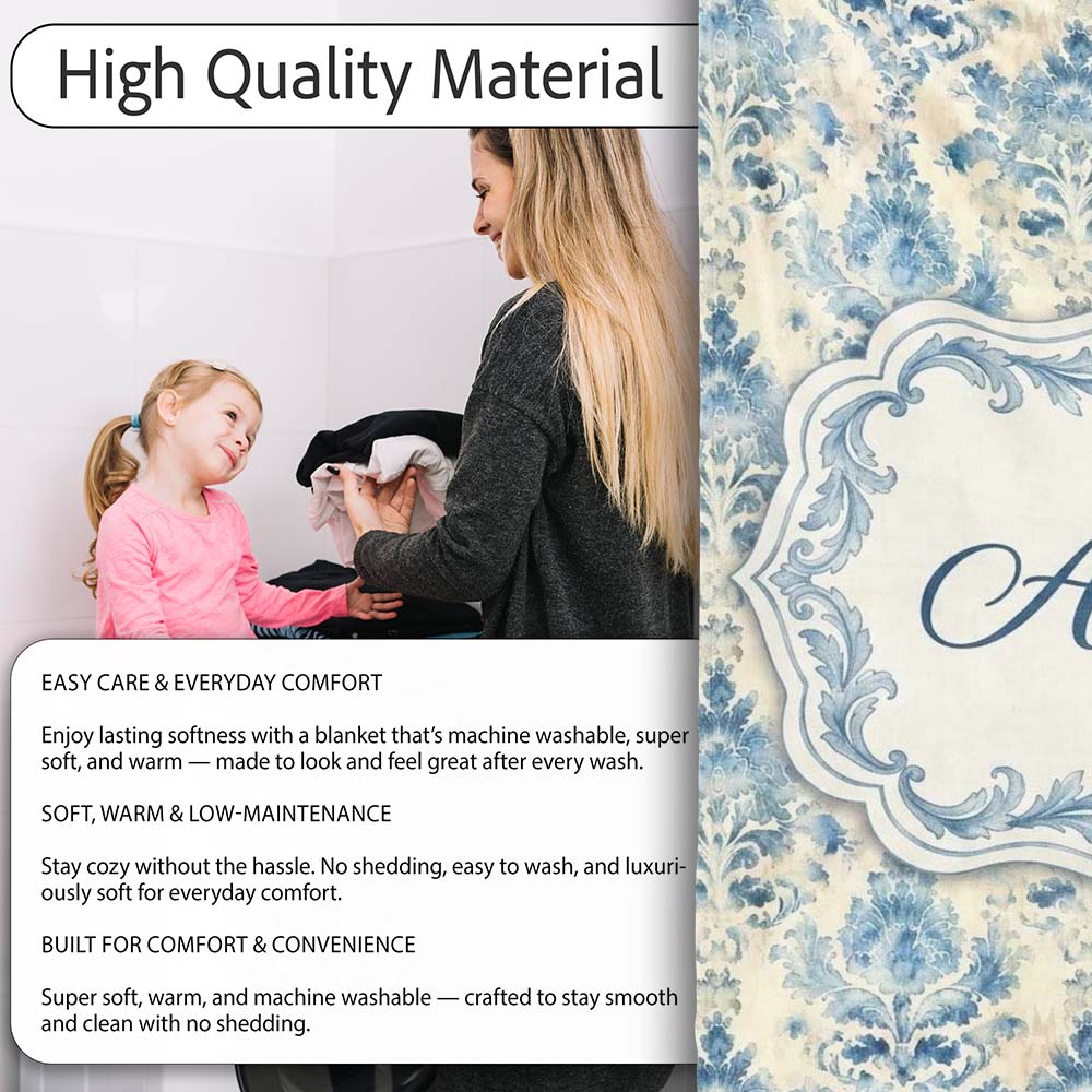 Classic Blue Watercolor Damask Ornamental Seamless Pattern Name Cute Personalised Custom Name Super Soft Fleece Blanket Bed Sofa Throw