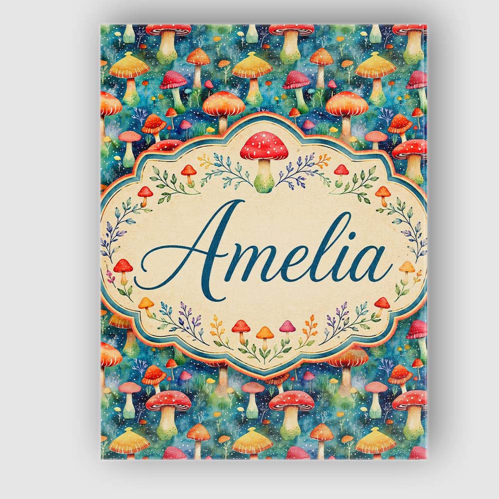 Personalised Name Whimsical Forest Mushrooms Custom Bespoke Contemporary Display Canvas Wall Art Print Decor Picture Ready to Hang