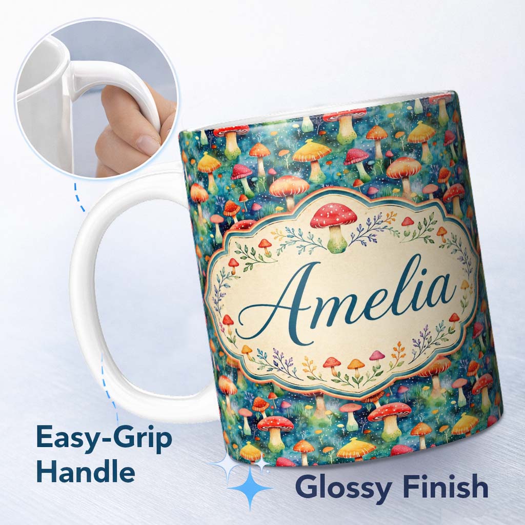 Personalized Custom Name Whimsical Forest Mushrooms Colorful Nature Seamless Pattern Name 11oz Ceramic Coffee Tea Mug White Large Handle