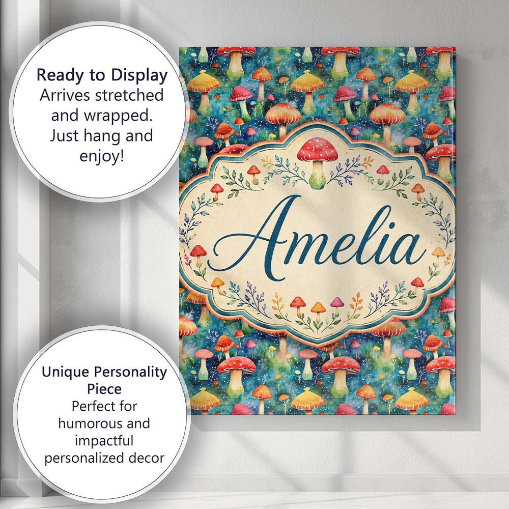 Personalised Name Whimsical Forest Mushrooms Custom Bespoke Contemporary Display Canvas Wall Art Print Decor Picture Ready to Hang