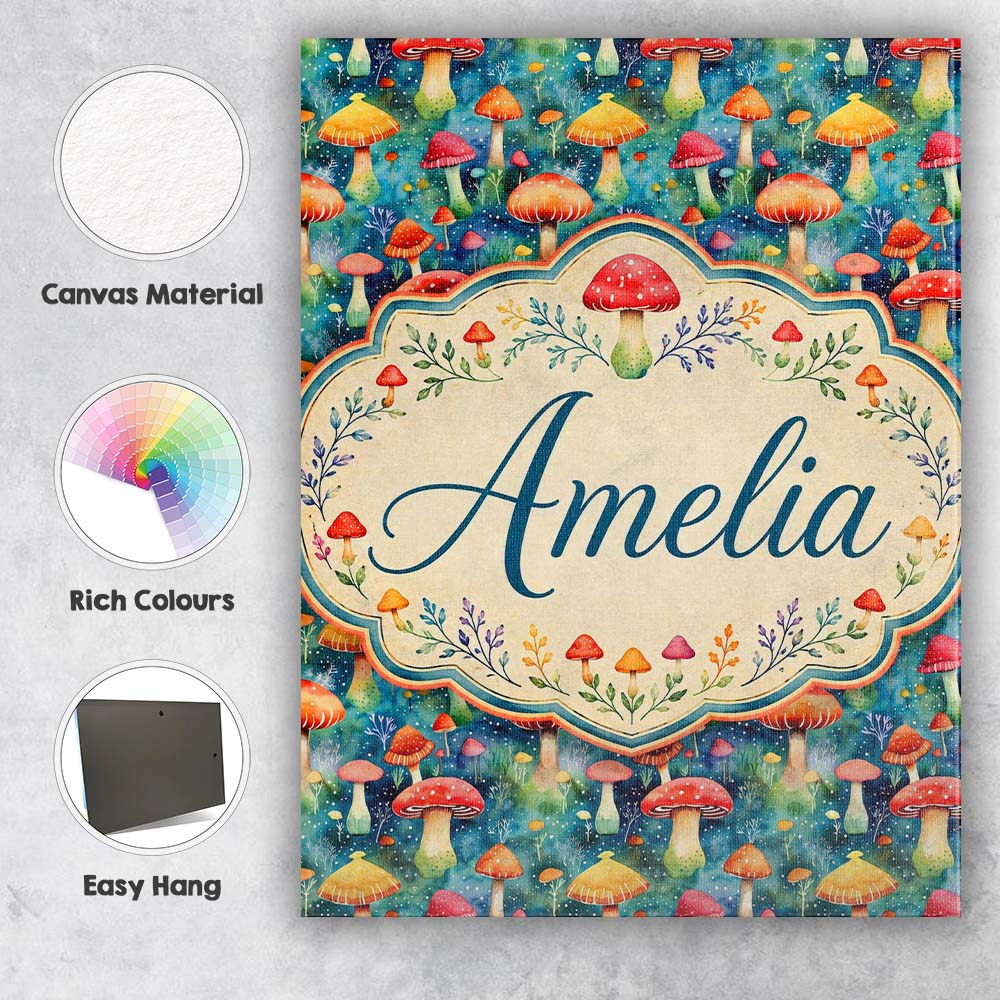 Personalised Name Whimsical Forest Mushrooms Custom Bespoke Contemporary Display Canvas Wall Art Print Decor Picture Ready to Hang