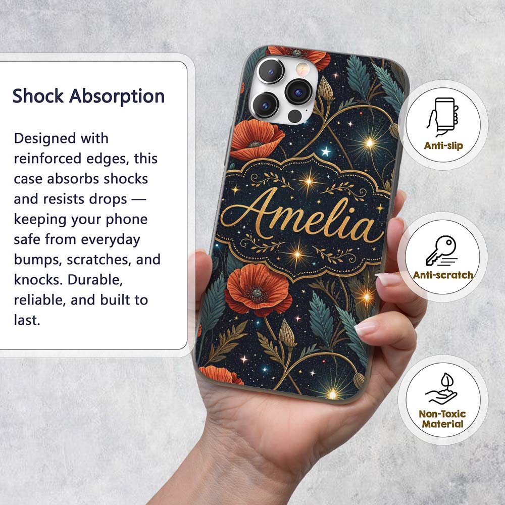 Mushroom Moon Stars Botanical Night Seamless Custom Name Protective Phone Case Mobile Cover Durable Everyday Smartphone Shock Resistant