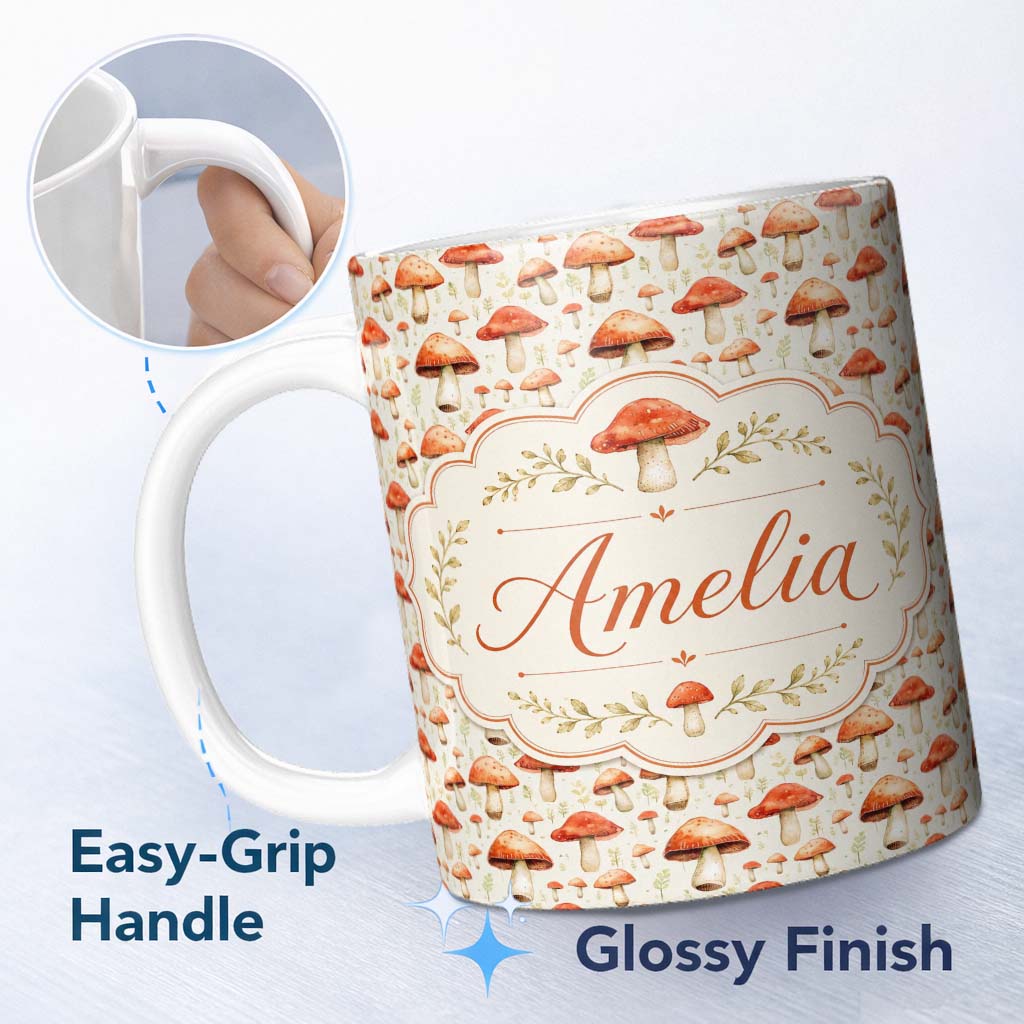 Personalized Custom Name Rustic Orange Mushroom Botanical Seamless Pattern Name Cute Unique 11oz Ceramic Coffee Tea Mug White Large Handle