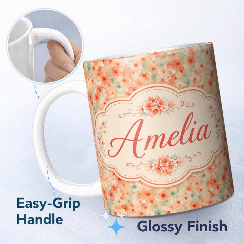 Personalized Custom Name Soft Watercolour Coral Daisy Floral Seamless Pattern on Light Pastel 11oz Ceramic Coffee Tea Mug White Large Handle