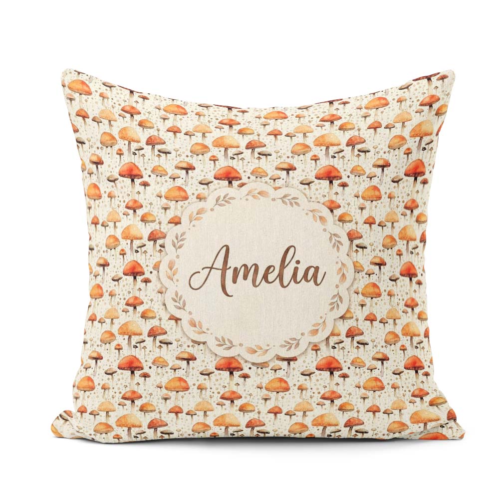 Custom Name Autumn Mushroom Scatter Warm Earthy Seamless Pattern Square Filled Cushion Throw Pillow Sofa Bed Home Decor Zip Washable UK Made