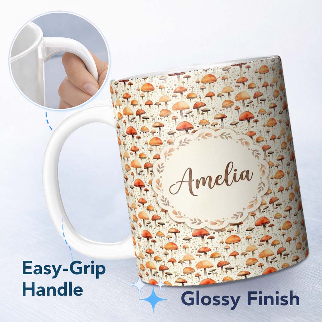 Personalized Custom Name Autumn Mushroom Scatter Warm Earthy Seamless Pattern Name Cute 11oz Ceramic Coffee Tea Mug White Large Handle