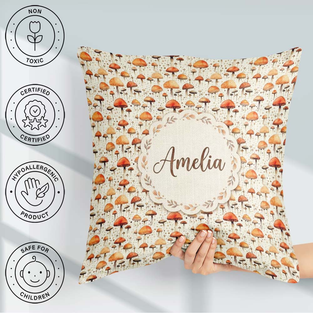 Custom Name Autumn Mushroom Scatter Warm Earthy Seamless Pattern Square Filled Cushion Throw Pillow Sofa Bed Home Decor Zip Washable UK Made