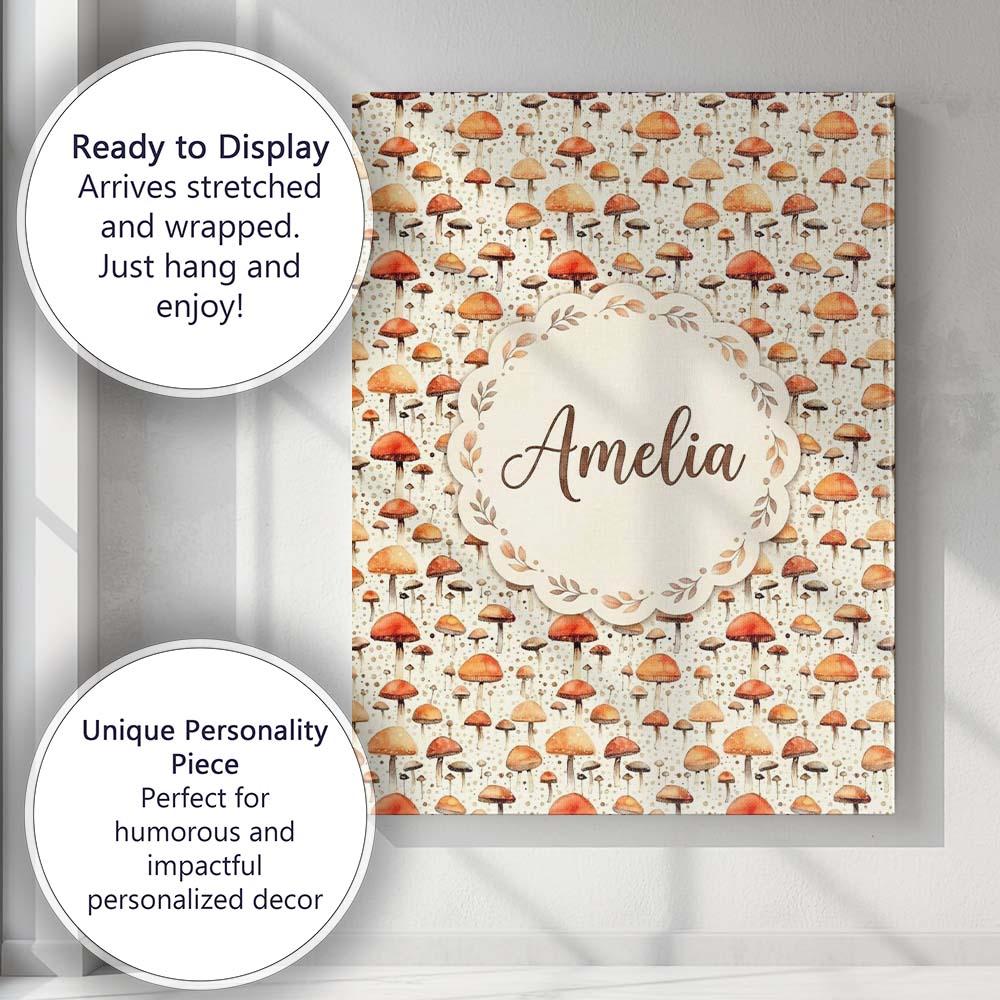 Personalised Name Autumn Mushroom Scatter Custom Unique Gift Idea Elegant Feature Canvas Wall Art Print Decor Picture Ready to Hang