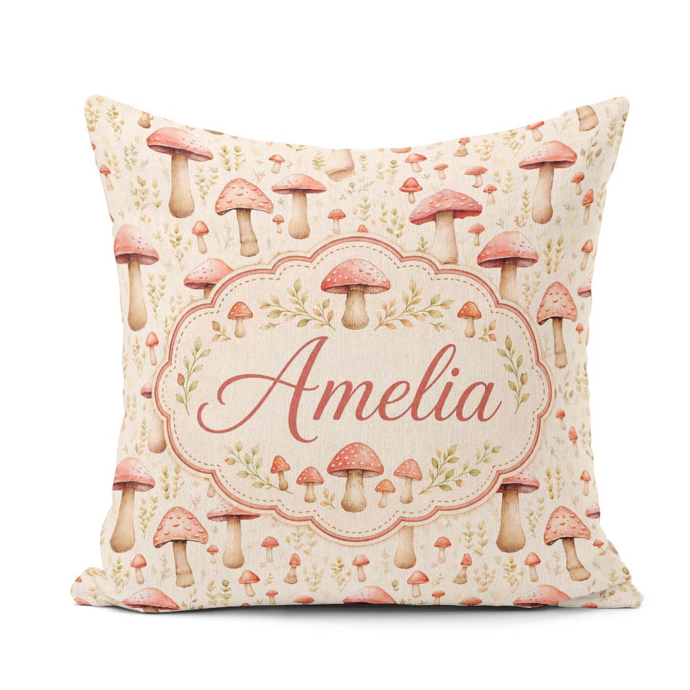 Custom Name Soft Pink Toadstool Mushroom Woodland Seamless Name Square Filled Cushion Throw Pillow Sofa Bed Home Decor Zip Washable UK Made