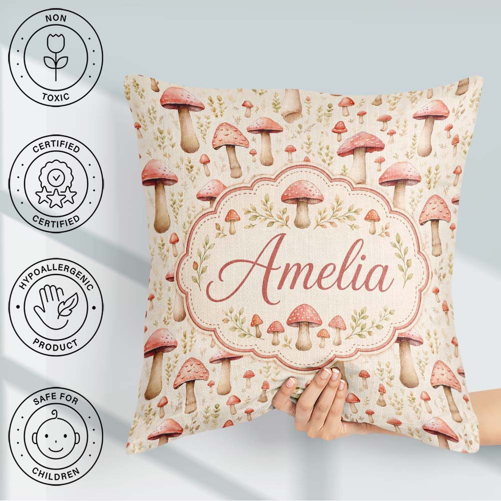Custom Name Soft Pink Toadstool Mushroom Woodland Seamless Name Square Filled Cushion Throw Pillow Sofa Bed Home Decor Zip Washable UK Made