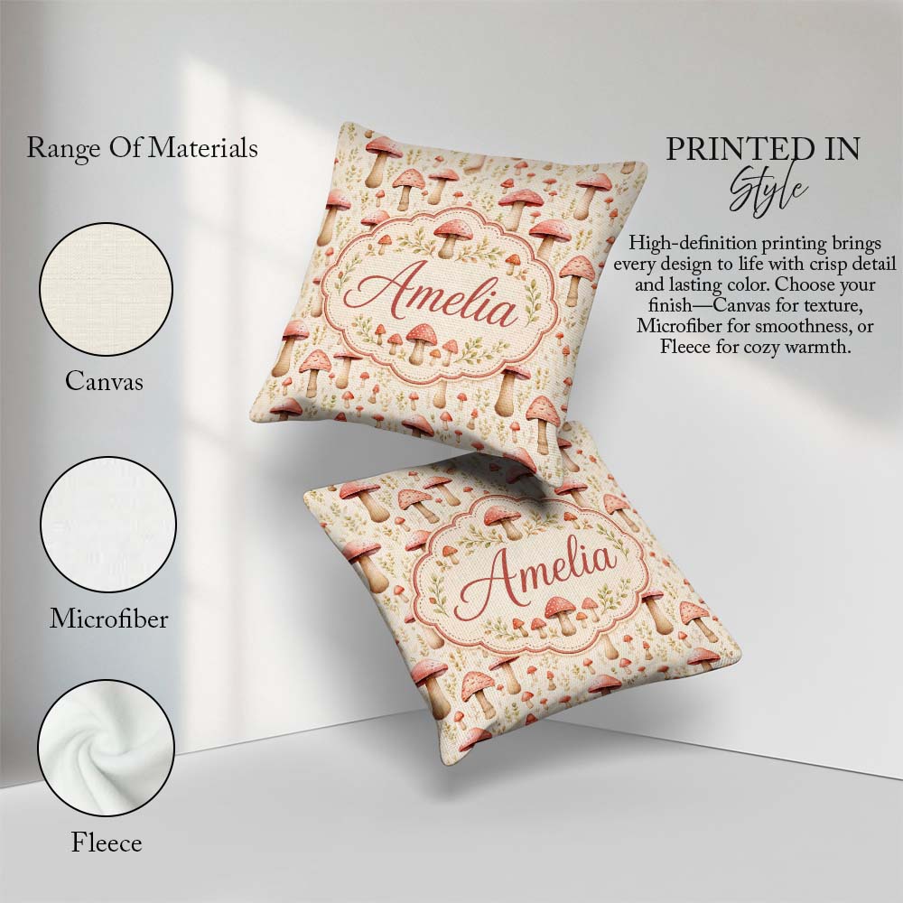 Custom Name Soft Pink Toadstool Mushroom Woodland Seamless Name Square Filled Cushion Throw Pillow Sofa Bed Home Decor Zip Washable UK Made