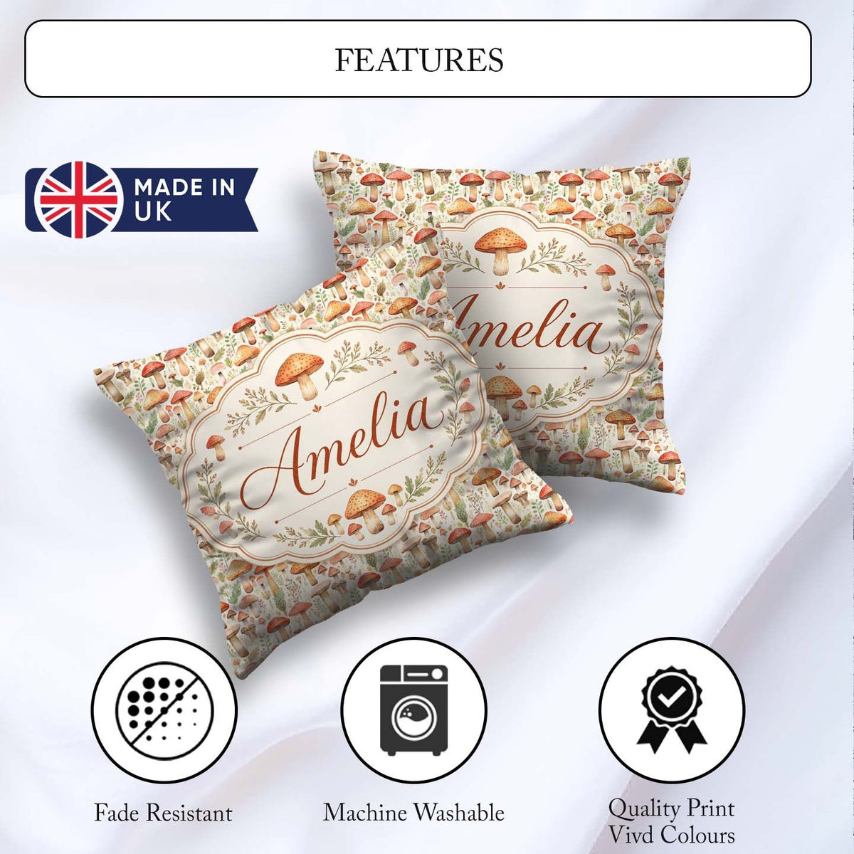 Custom Name Delicate Botanical Mushroom Meadow Pattern Name Cute Square Filled Cushion Throw Pillow Sofa Bed Home Decor Zip Washable UK Made