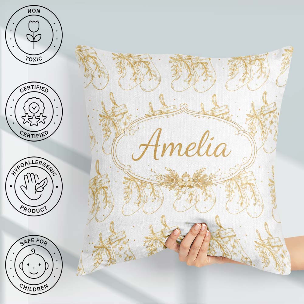 Custom Name Gold Christmas Stockings Outline Seamless Pattern Square Filled Cushion Throw Pillow Sofa Bed Home Decor Zip Washable UK Made