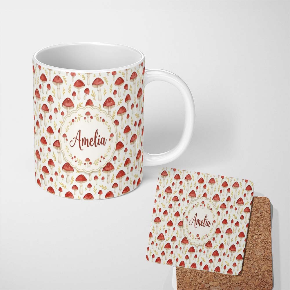 Personalized Custom Name Autumn Orange Woodland Mushroom Botanical Seamless Pattern Name Cute 11oz Ceramic Coffee Tea Mug White Large Handle