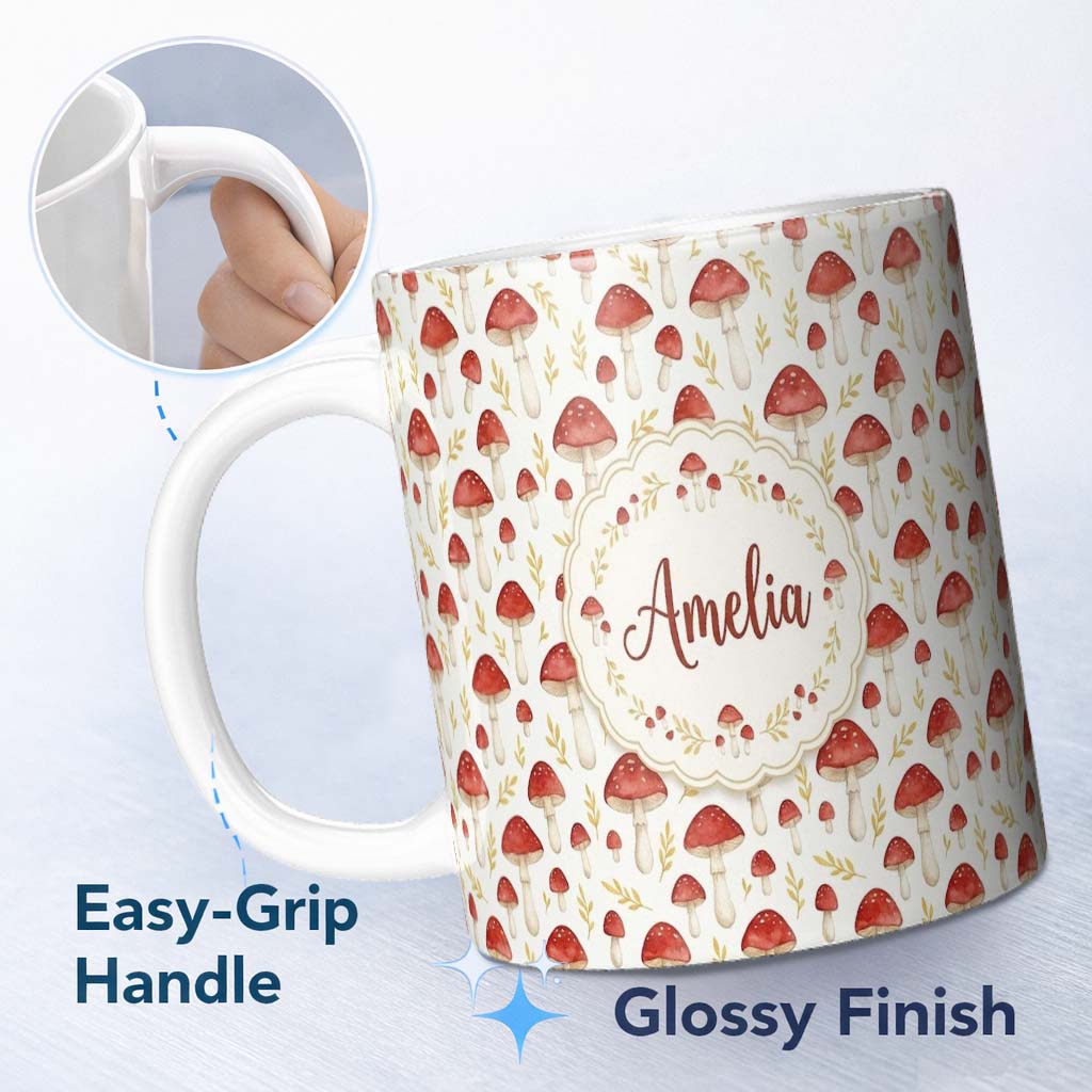 Personalized Custom Name Autumn Orange Woodland Mushroom Botanical Seamless Pattern Name Cute 11oz Ceramic Coffee Tea Mug White Large Handle