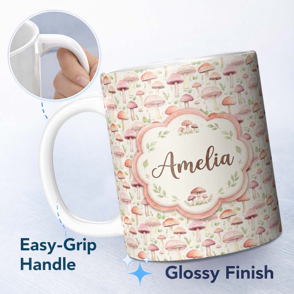 Personalized Custom Name Soft Pink Pastel Mushroom Woodland Nature Seamless Pattern Name Cute 11oz Ceramic Coffee Tea Mug White Large Handle
