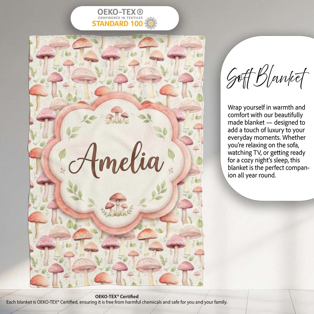 Soft Pink Pastel Mushroom Woodland Nature Seamless Pattern Name Cute Personalised Custom Name Super Soft Fleece Blanket Bed Sofa Throw