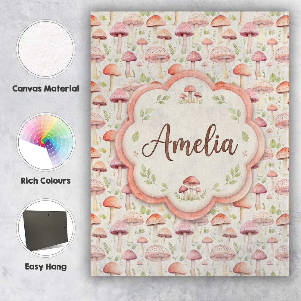Personalised Name Soft Pink Pastel Mushroom Custom Bespoke Interior Contemporary Canvas Wall Art Print Decor Picture Ready to Hang