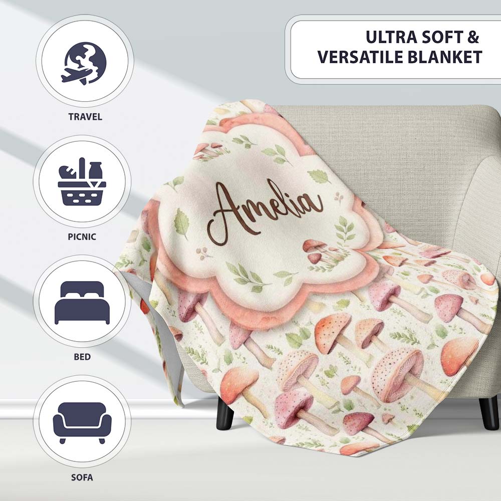 Soft Pink Pastel Mushroom Woodland Nature Seamless Pattern Name Cute Personalised Custom Name Super Soft Fleece Blanket Bed Sofa Throw