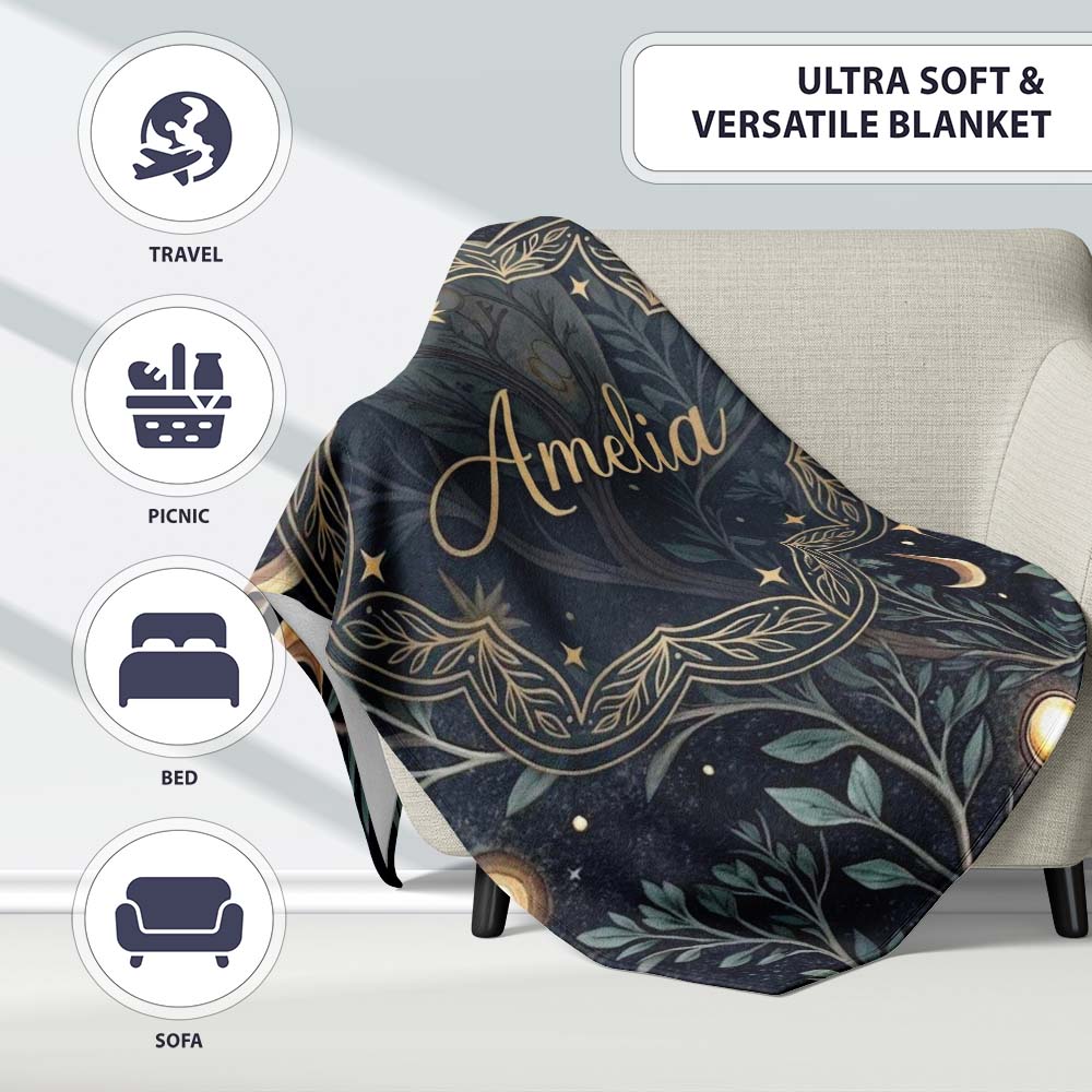 Enchanted Mushroom Forest Night Sky Seamless Pattern Lovely Personalised Custom Name Super Soft Fleece Blanket Bed Sofa Throw