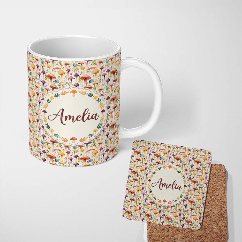 Personalized Custom Name Colorful Whimsical Mushroom Fantasy Garden Seamless Pattern Name 11oz Ceramic Coffee Tea Mug White Large Handle