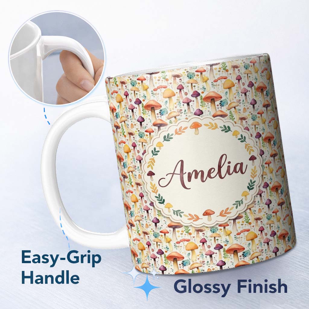 Personalized Custom Name Colorful Whimsical Mushroom Fantasy Garden Seamless Pattern Name 11oz Ceramic Coffee Tea Mug White Large Handle