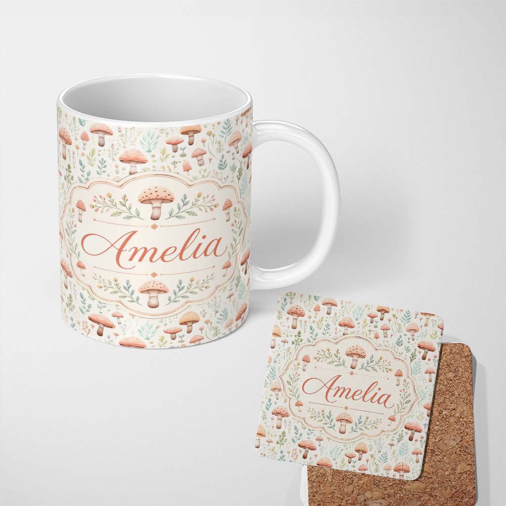 Personalized Custom Name Delicate Pastel Mushroom Botanical Meadow Seamless Pattern Name Cute 11oz Ceramic Coffee Tea Mug White Large Handle