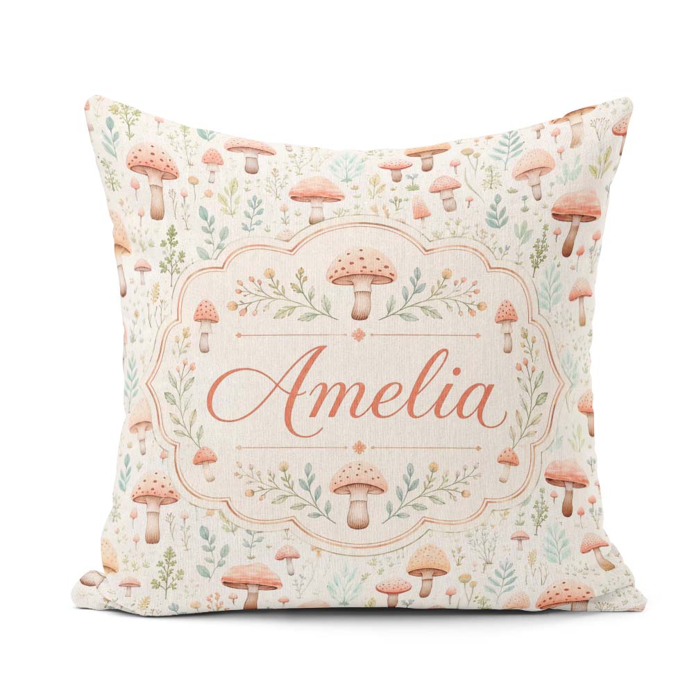 Custom Name Delicate Pastel Mushroom Botanical Pattern Name Cute Square Filled Cushion Throw Pillow Sofa Bed Home Decor Zip Washable UK Made