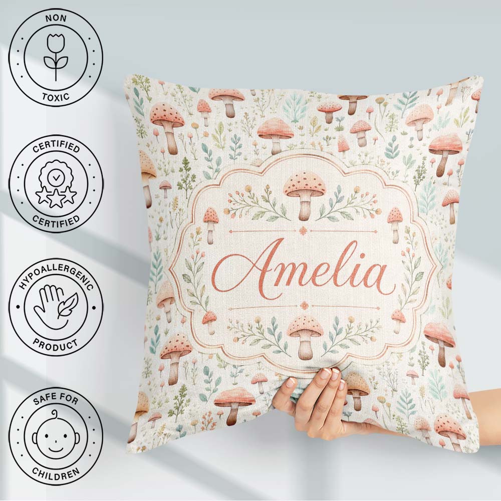Custom Name Delicate Pastel Mushroom Botanical Pattern Name Cute Square Filled Cushion Throw Pillow Sofa Bed Home Decor Zip Washable UK Made