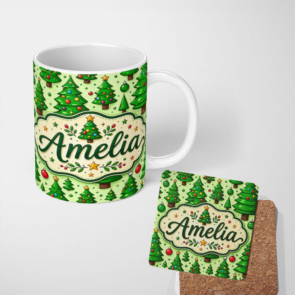 Personalized Custom Name Cartoon Christmas Trees Green Ornaments Cute Holiday Seamless Lovely 11oz Ceramic Coffee Tea Mug White Large Handle